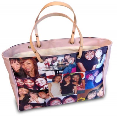 Several photos printed on a pink handbag